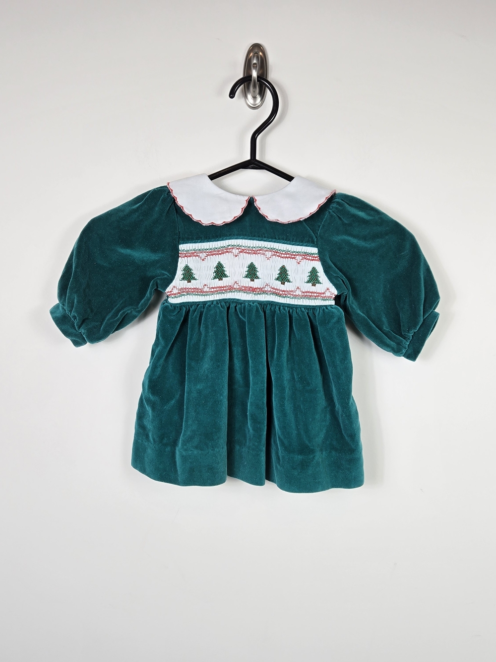 Vintage Polly Flinders Green Velvet Smocked Christmas Tree Dress Size 12M